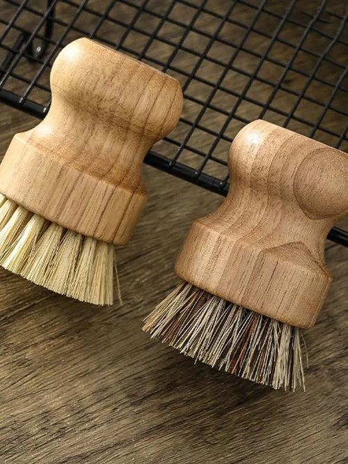 2-pack of size L short-handled jute brushes with soft bristles, ideal for cleaning kitchens, cookware, and tableware; brown; for kitchen and bathroom use