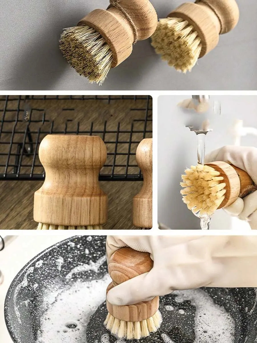 2-pack of size L short-handled jute brushes with soft bristles, ideal for cleaning kitchens, cookware, and tableware; brown; for kitchen and bathroom use