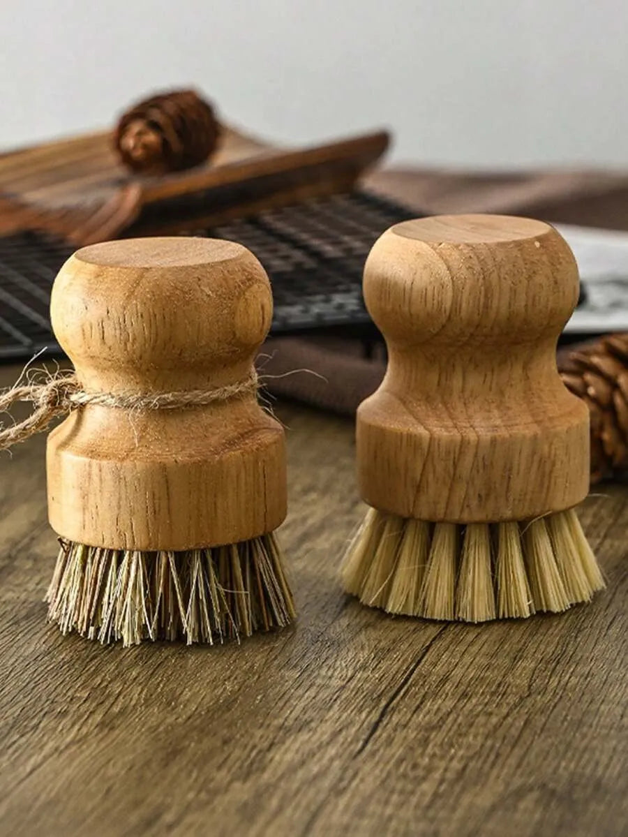 2-pack of size L short-handled jute brushes with soft bristles, ideal for cleaning kitchens, cookware, and tableware; brown; for kitchen and bathroom use